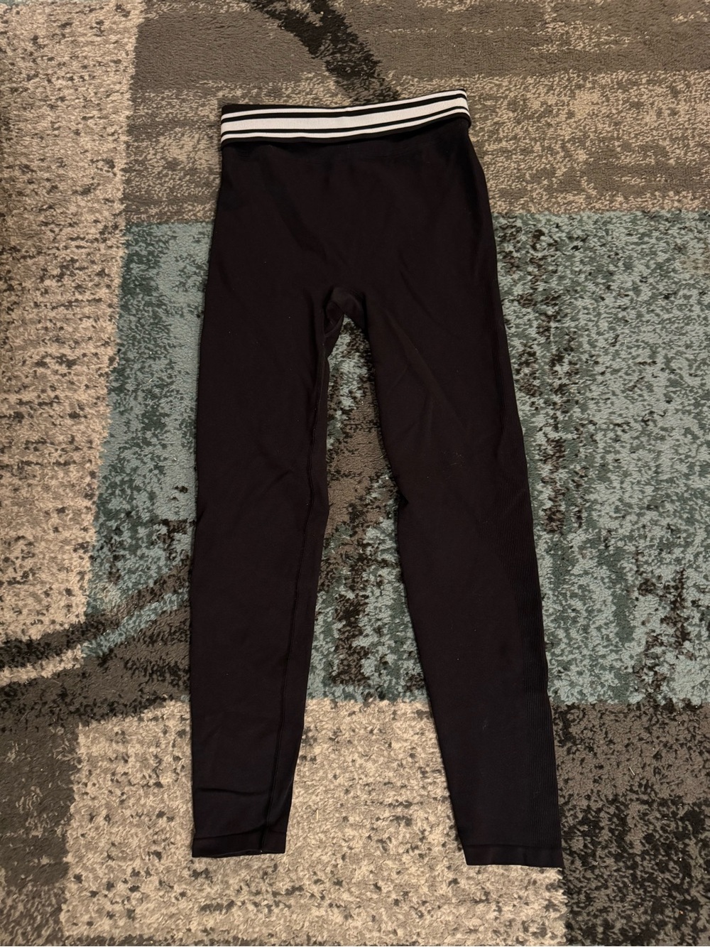 PINK Victoria's Secret Black Leggings White-Striped Fold over Waistband Sz m